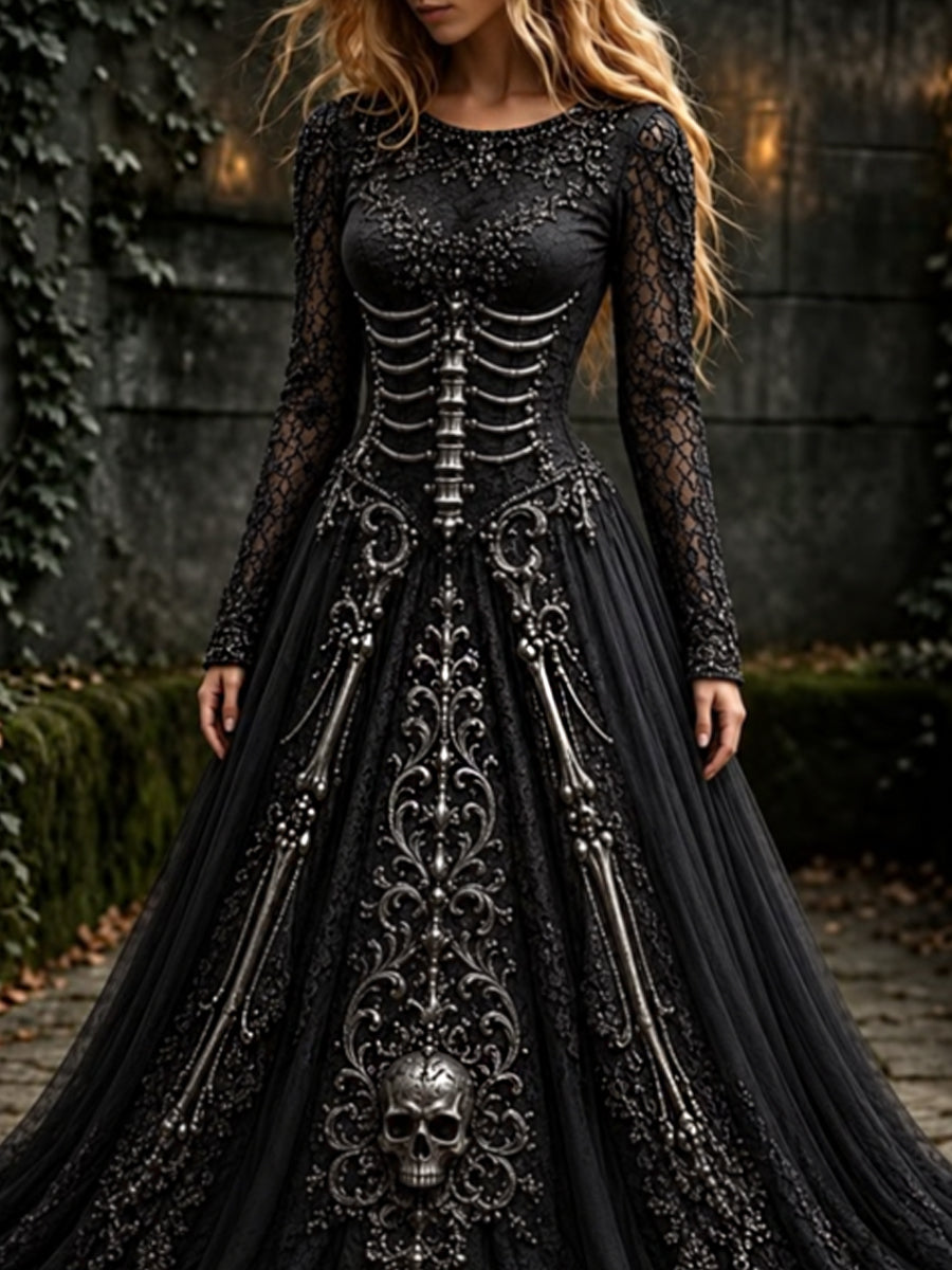 Vestido largo de manga larga con cuello redondo y estampado artístico vintage de esqueletos y flores para mujer