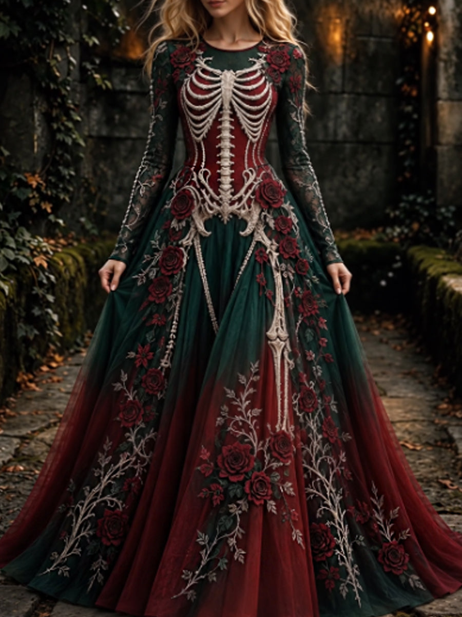 Vestido largo de manga larga con cuello redondo y estampado artístico vintage de esqueletos y flores para mujer