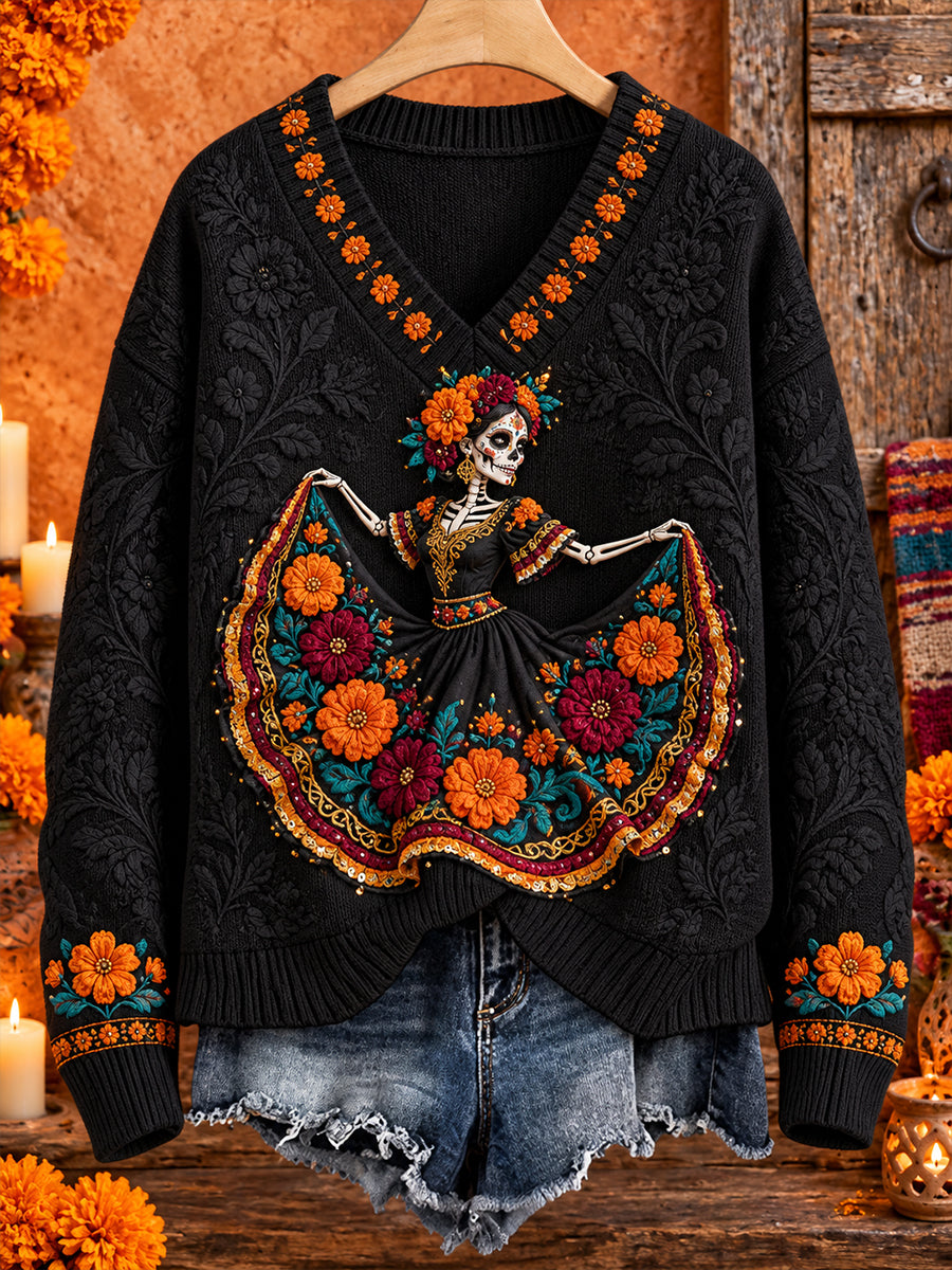 Camisetas estampadas con arte floral del Día de los Muertos mexicano para mujer