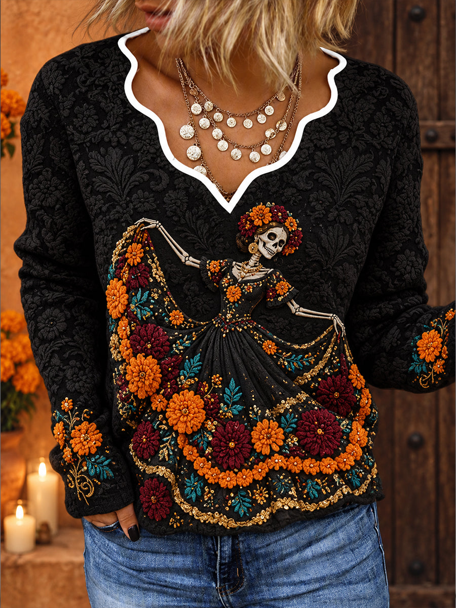 Camisetas estampadas con arte floral del Día de los Muertos mexicano para mujer