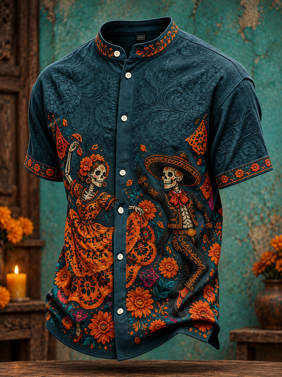 Camisa para hombre con estampado floral de Día de Muertos mexicano