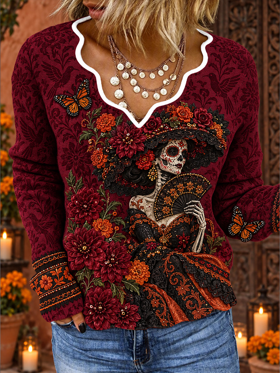 Camisetas estampadas con arte floral del Día de los Muertos mexicano para mujer