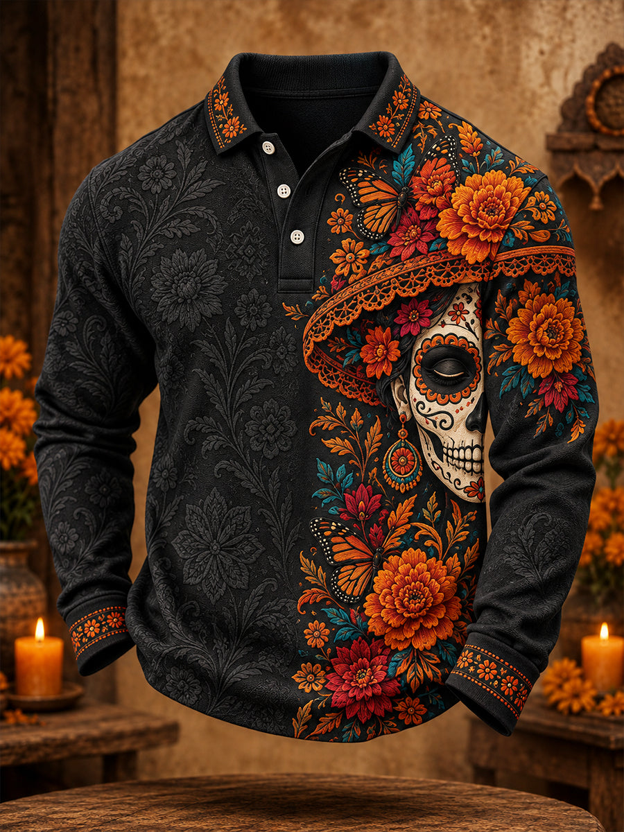 Camisetas casuales para hombre con estampado floral del Día de los Muertos de México