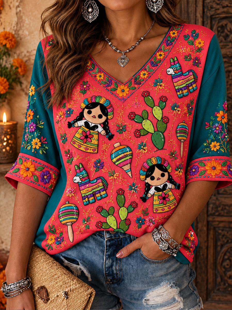 Camiseta estampada México Lele Doll Floral Art para mujer