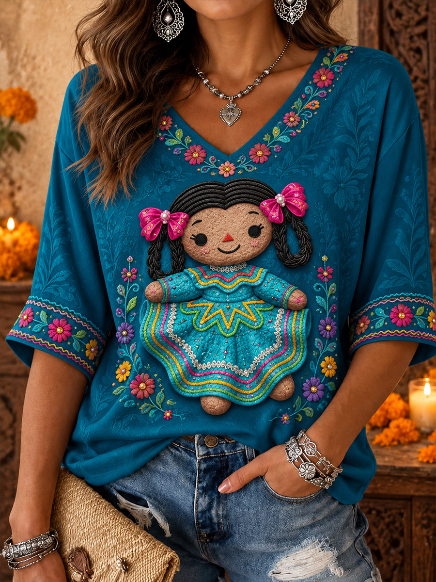 Camiseta estampada con diseño floral de la muñeca Lele mexicana para mujer