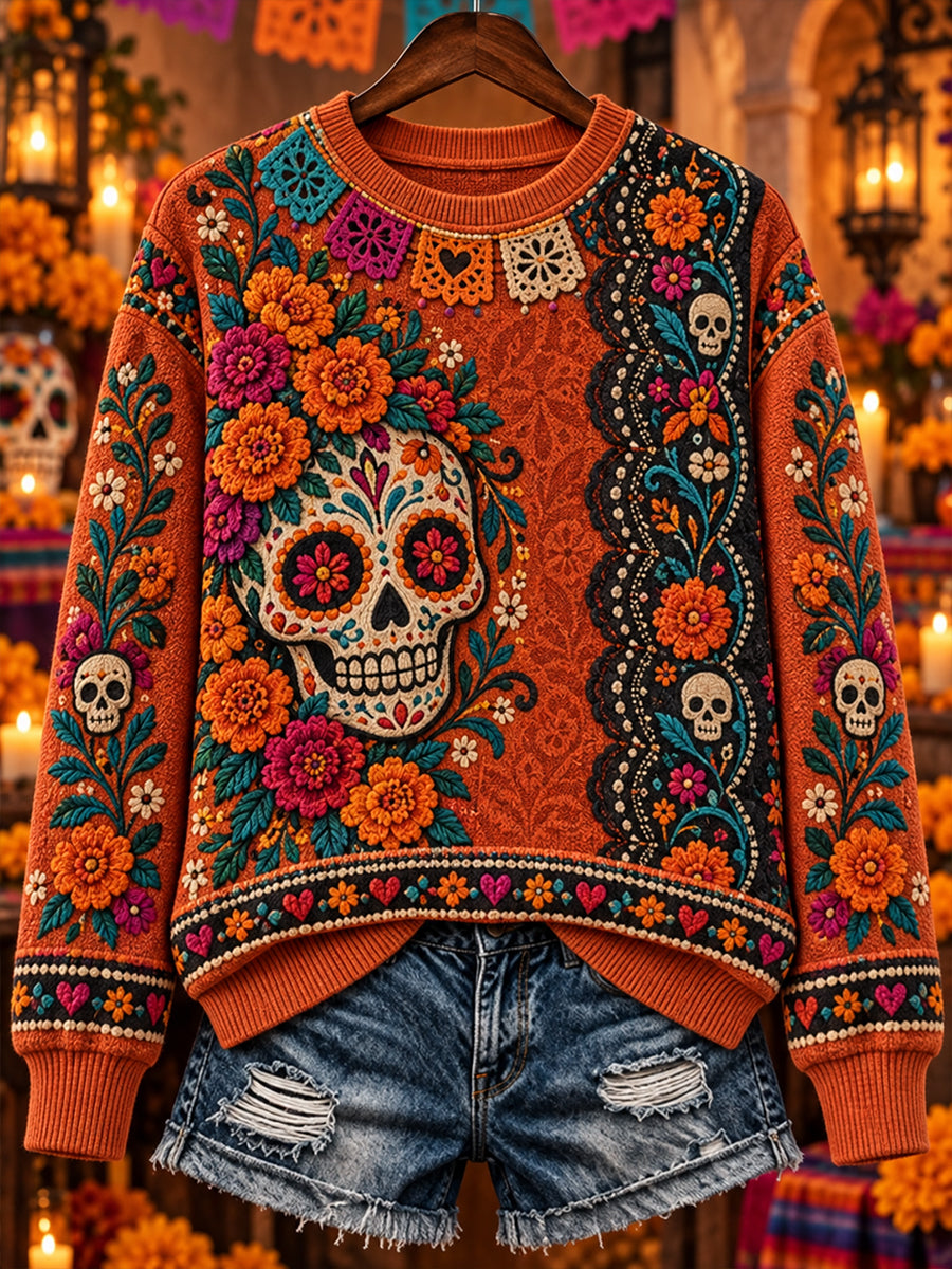 Camiseta de manga larga y cuello redondo para mujer, Día de Muertos de México