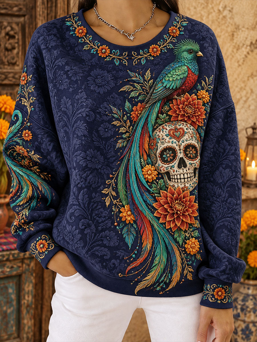 Sudadera estampada con diseño floral del Día de los Muertos mexicano para mujer