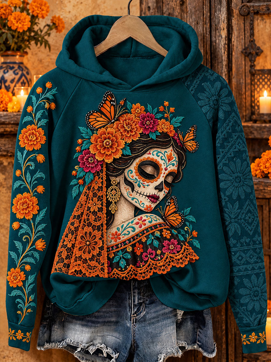 Sudadera con capucha estampada con diseño floral del Día de los Muertos mexicano para mujer