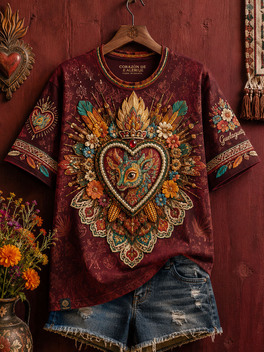 Camiseta estampada con arte floral folclórico mexicano para mujer