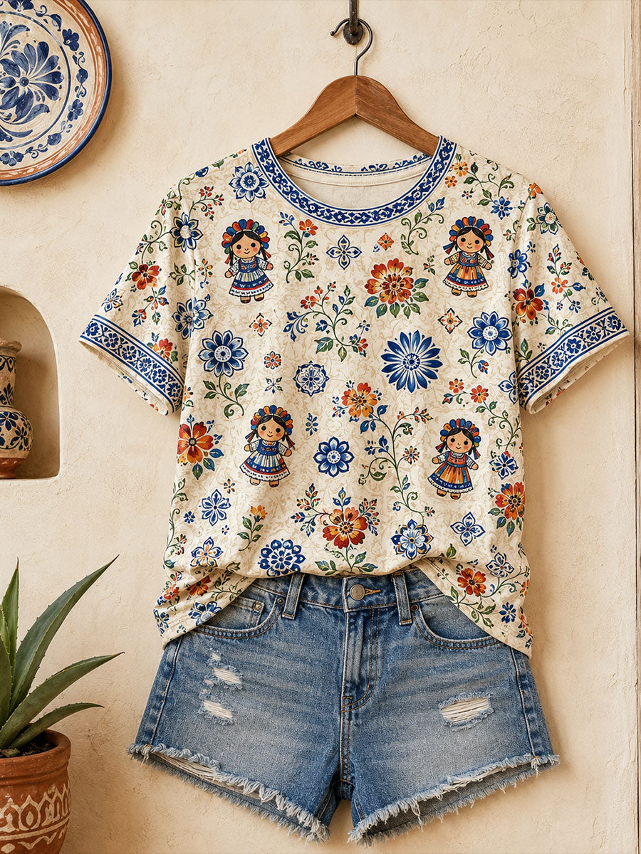 Camiseta estampada con arte floral folclórico mexicano para mujer