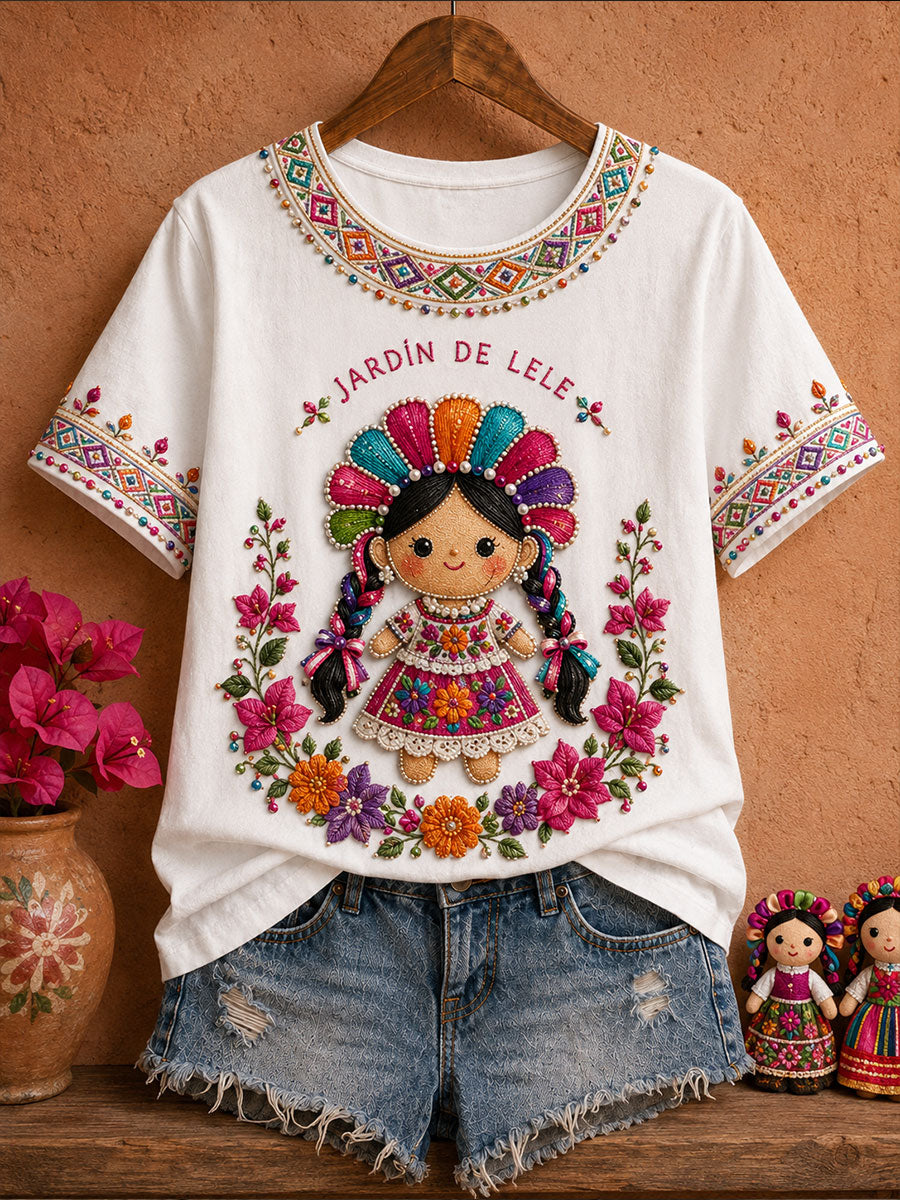 Camiseta estampada con arte floral folclórico mexicano para mujer