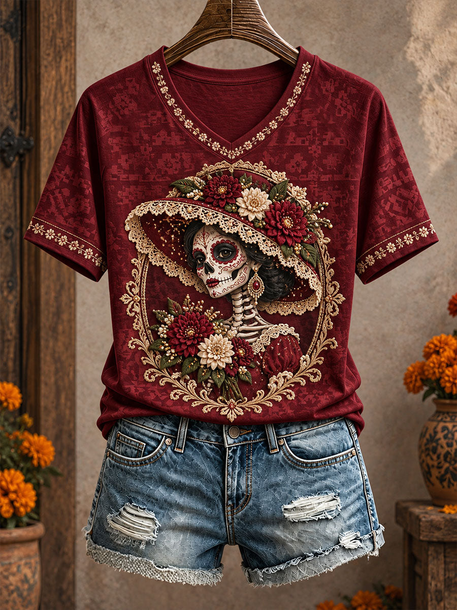 Camiseta estampada con diseño floral de Día de Muertos mexicano para mujer