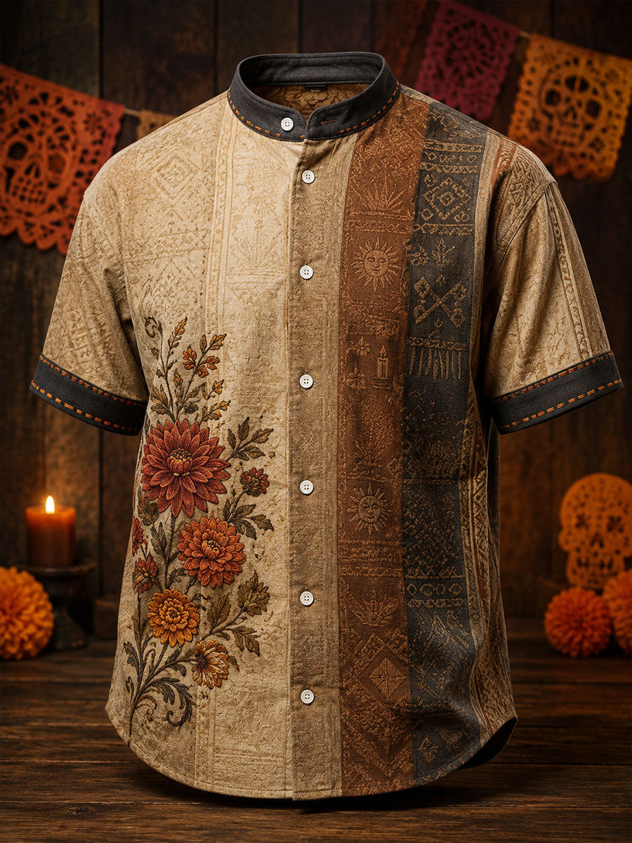 Camisa estampada con diseño floral mexicano del Día de los Muertos para hombre