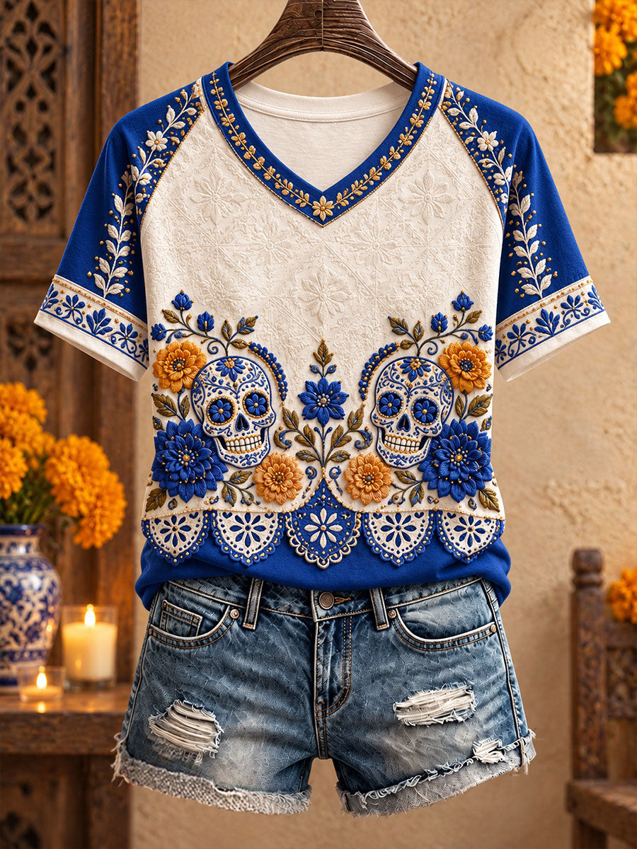 Camiseta estampada con diseño floral de Día de Muertos mexicano para mujer