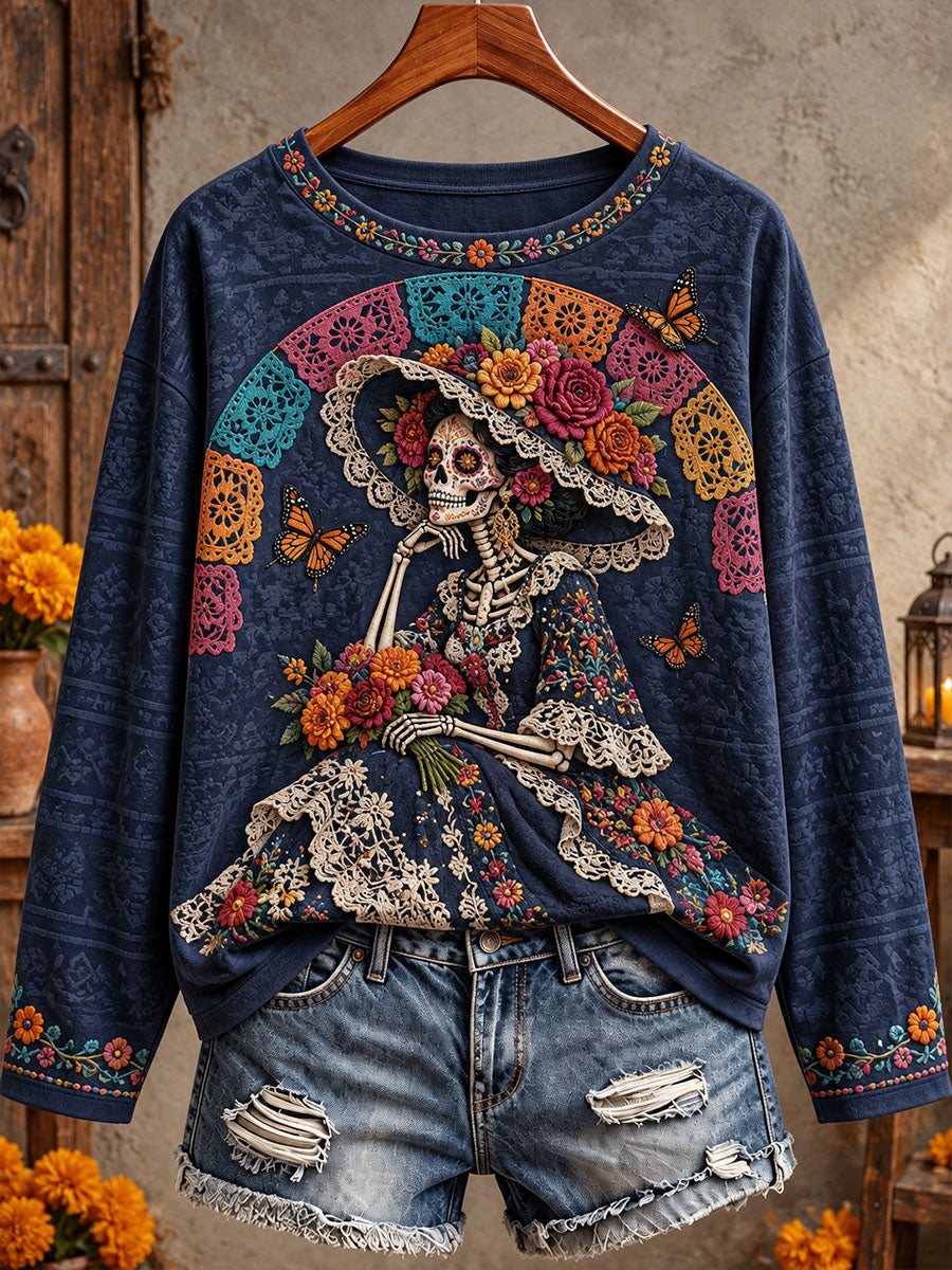 Camiseta estampada con diseño floral de Día de Muertos mexicano para mujer