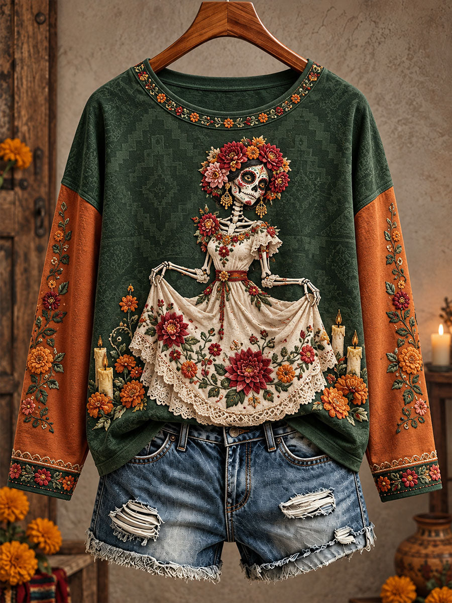 Camiseta estampada con diseño floral de Día de Muertos mexicano para mujer