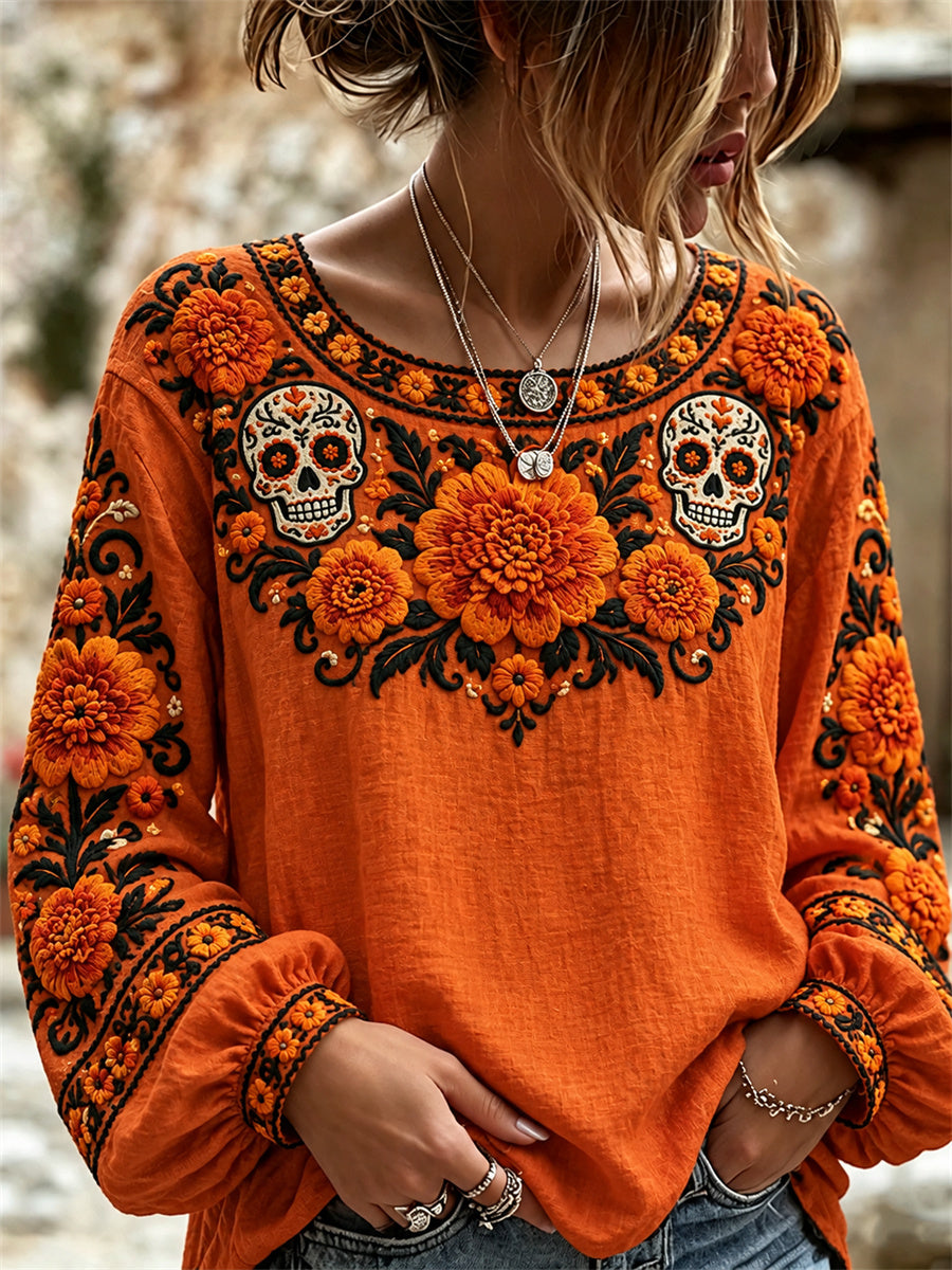 Día de la mujer de los cráneos muertos azúcar caléndulas mexicanas impresión floral camisa