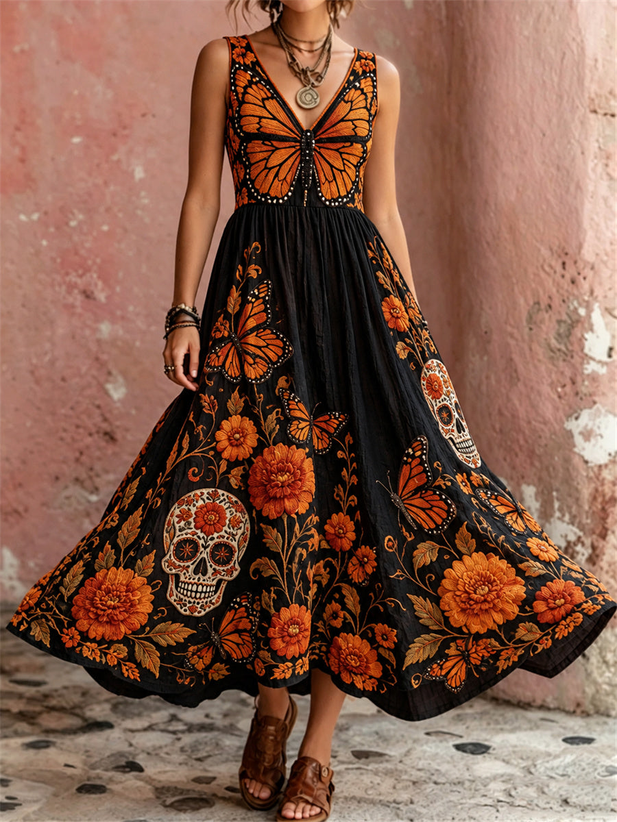 Vestido largo con estampado floral de mariposas, calaveras de azúcar y flores de cempasúchil para el Día de Muertos femenino