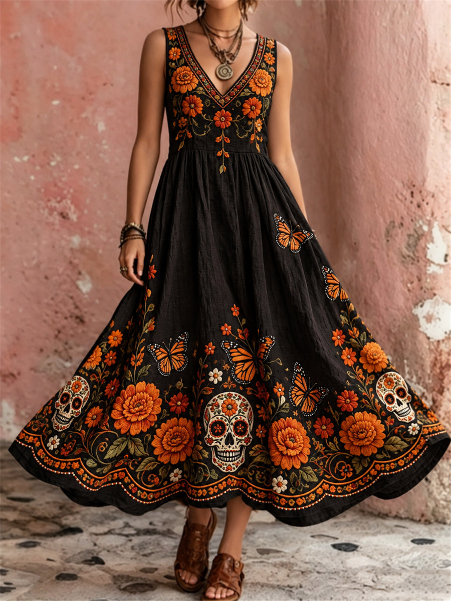 Vestido maxi de la impresión floral de las caléndulas del azúcar del día de las mujeres muertas