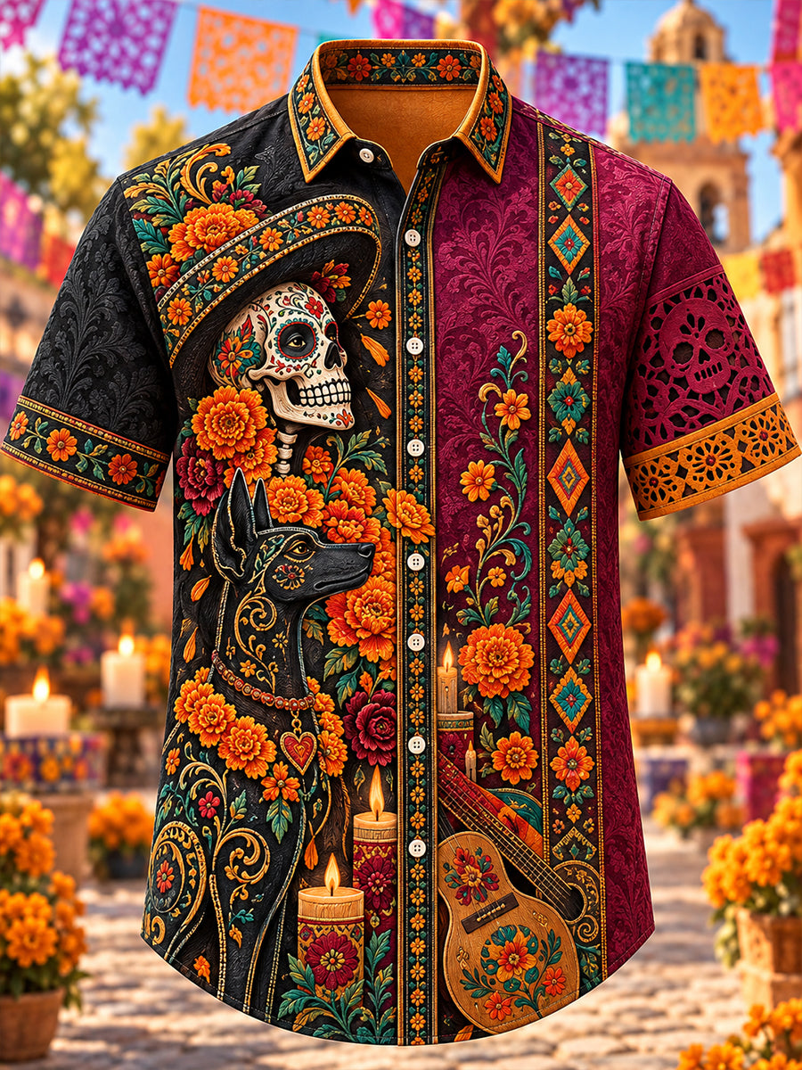 Camiseta de manga corta con estampado artístico del Día de los Muertos mexicano para hombre