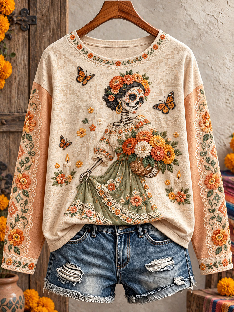 Camiseta estampada con diseño floral de Día de Muertos mexicano para mujer