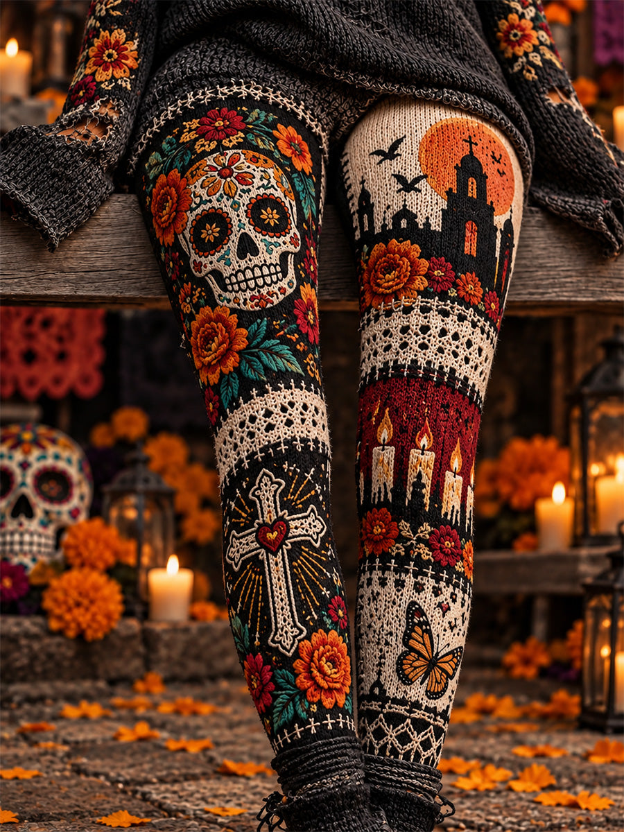 Leggings casuales de terciopelo con estampado artístico del Día de los Muertos mexicano para mujer