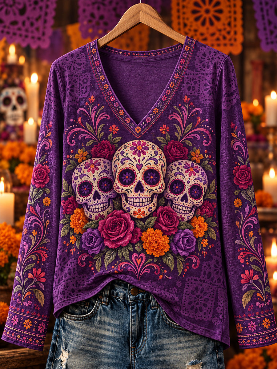Camisa de manga larga casual con estampado de arte de México para mujer