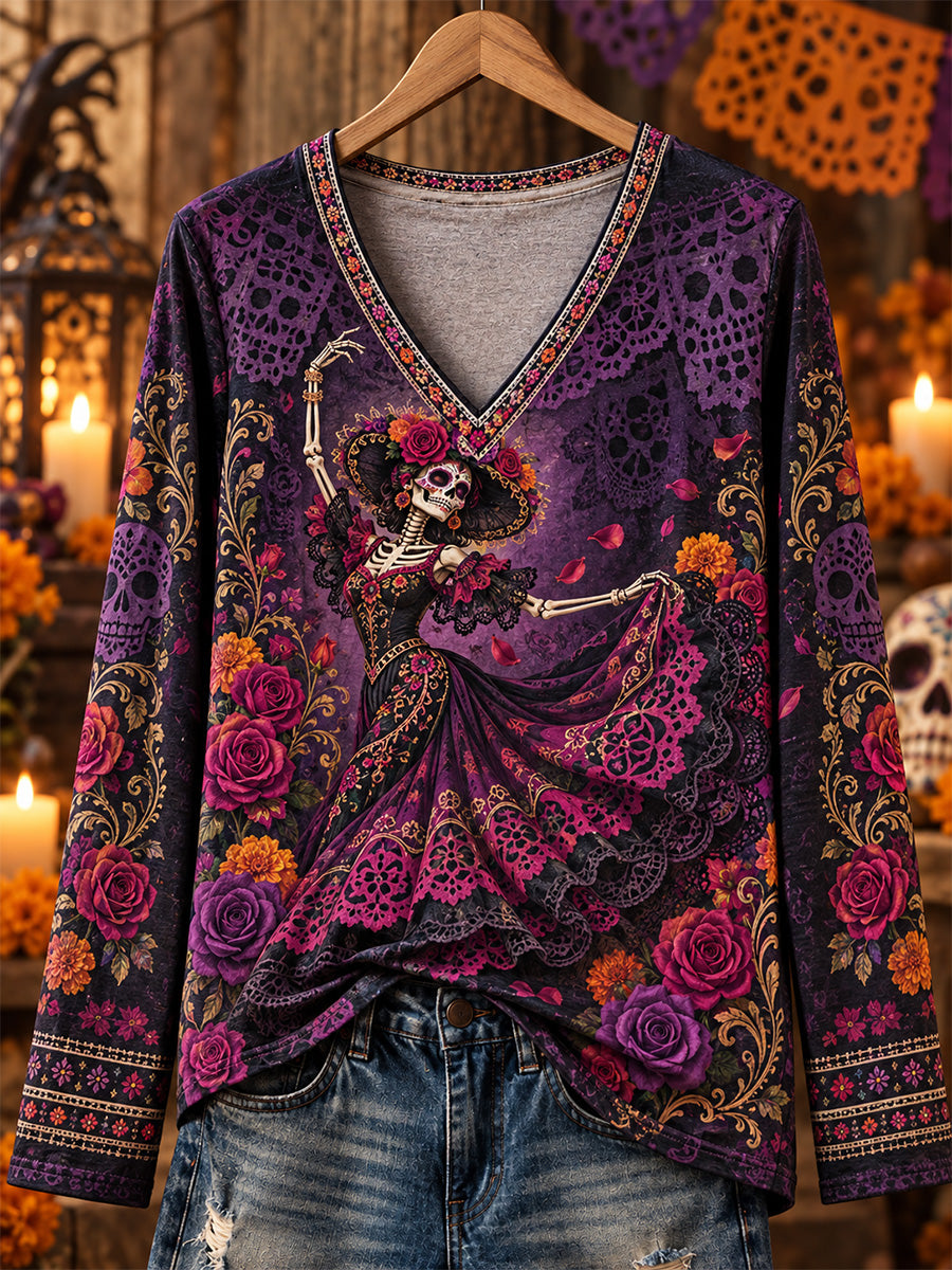 Camisa casual de manga larga con estampado artístico del Día de los Muertos mexicano para mujer