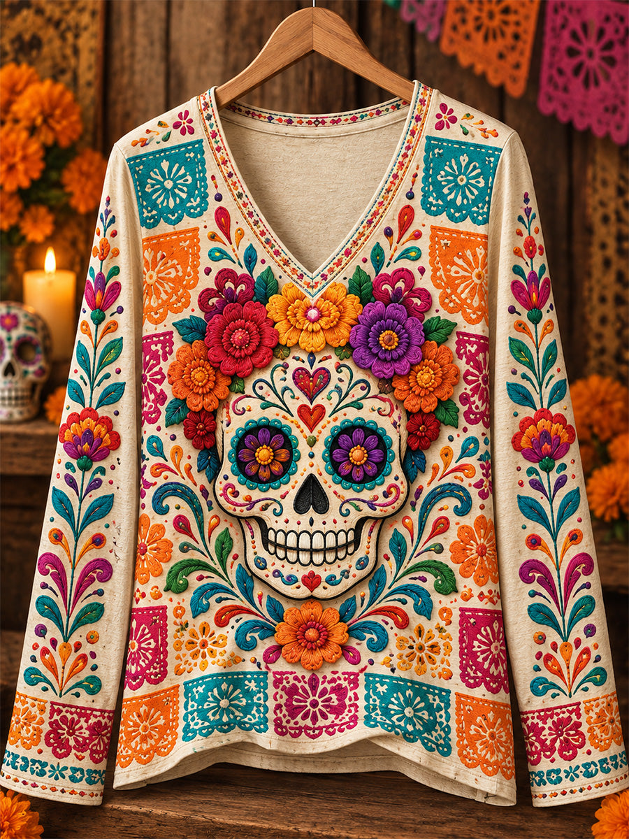 Camisa casual de manga larga con estampado artístico del Día de los Muertos mexicano para mujer