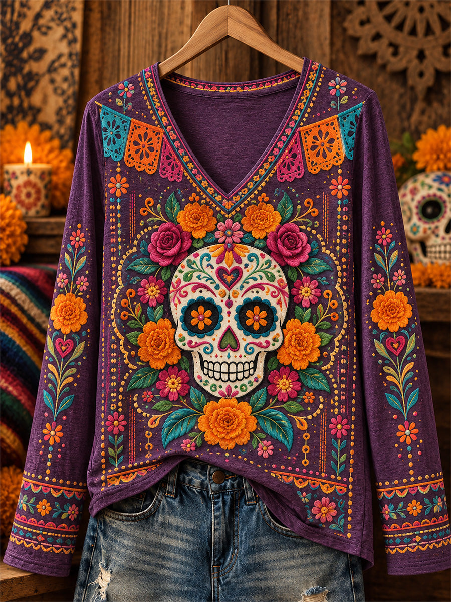 Camisa casual de manga larga con estampado artístico del Día de los Muertos mexicano para mujer