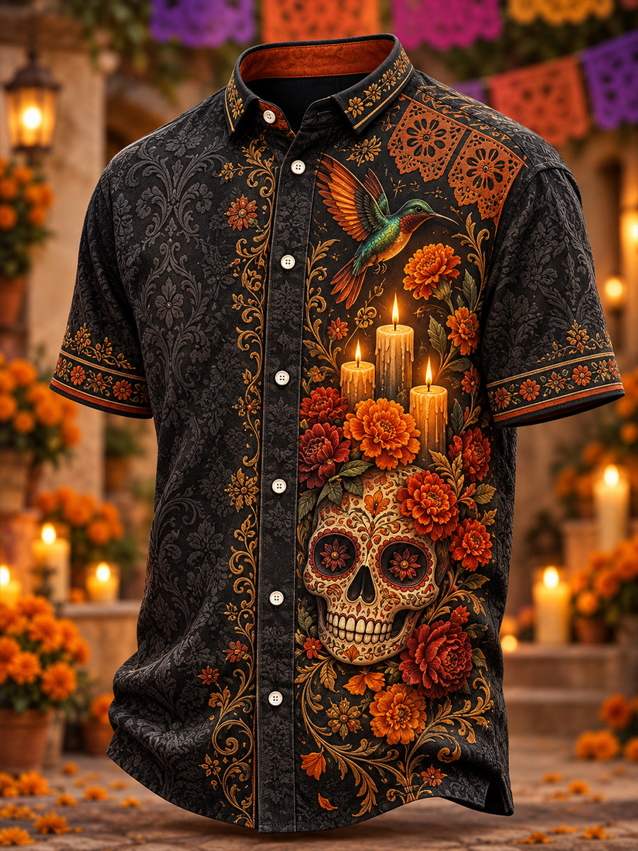 Camisa de manga corta estampada con diseño mexicano del Día de los Muertos para hombre