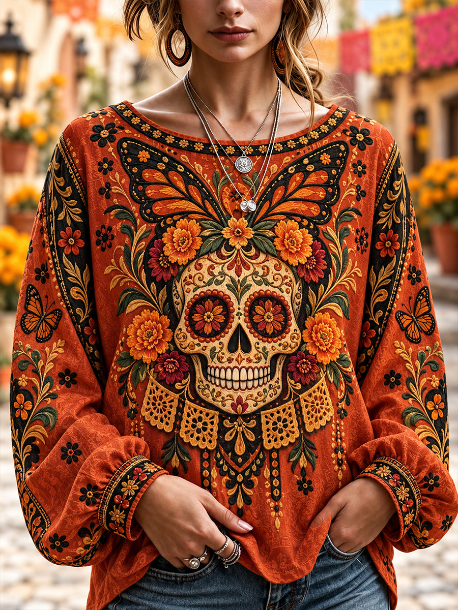 Camisa de lino de algodón del Día de Muertos de México para mujer