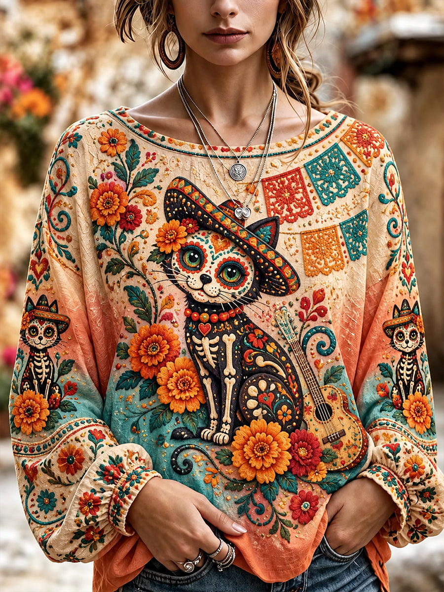 Camisa de algodón y lino para el Día de Muertos de México, estilo femenino