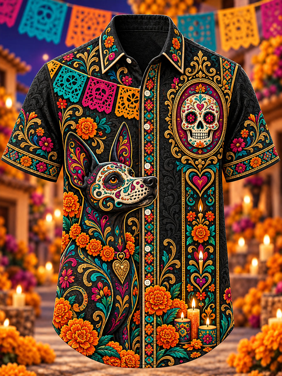 Camisa de manga corta con estampado artístico del Día de los Muertos de México para hombre