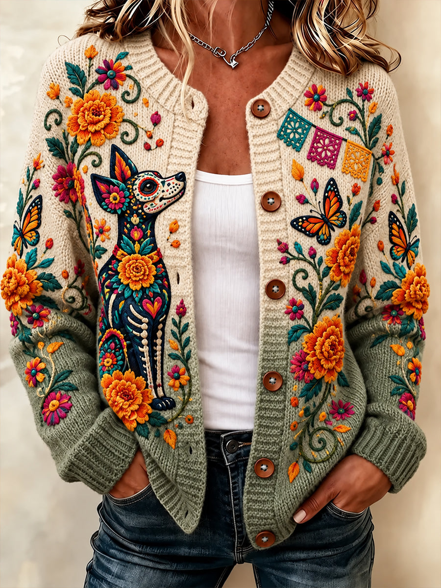 Cárdigan con botones y estampado del Día de los Muertos de México para mujer