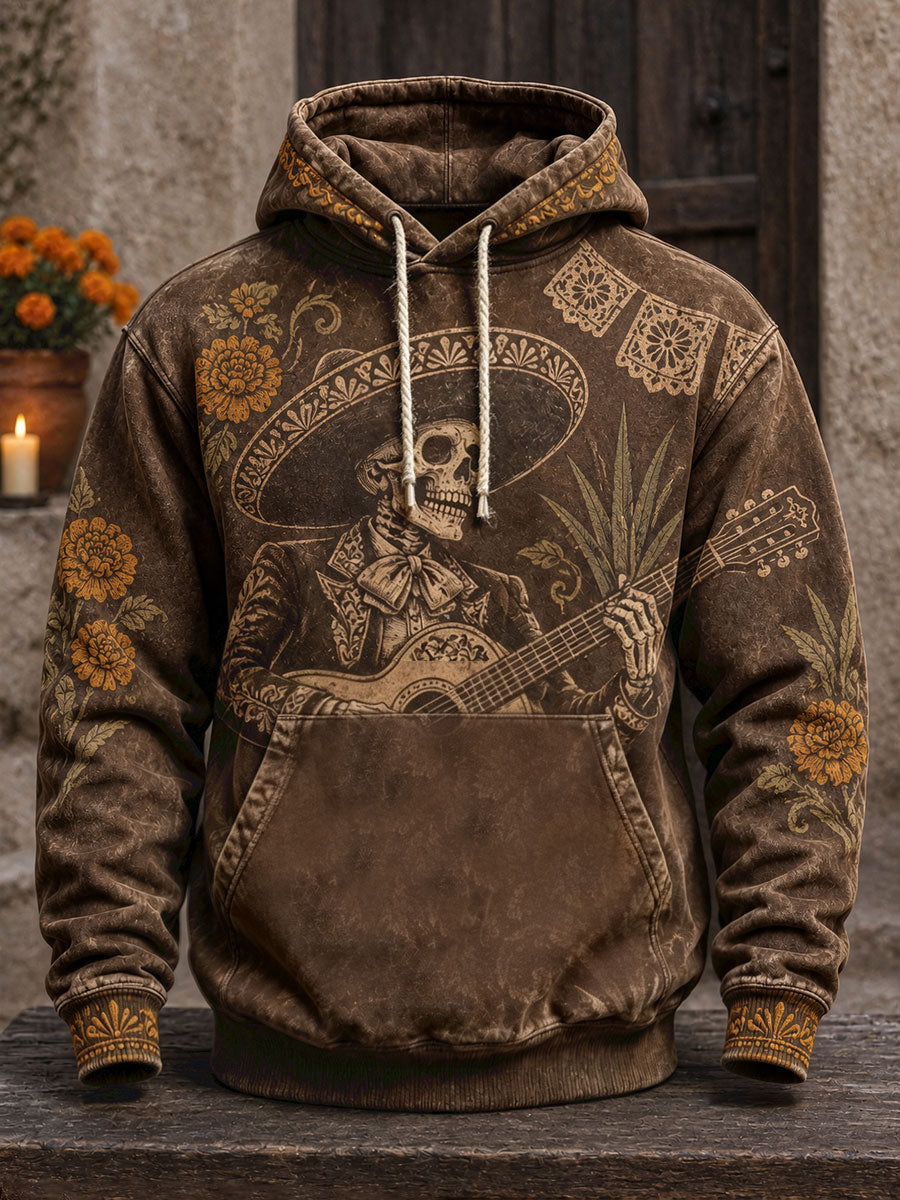 Sudadera con capucha estampada con diseño floral del Día de los Muertos mexicano para hombre