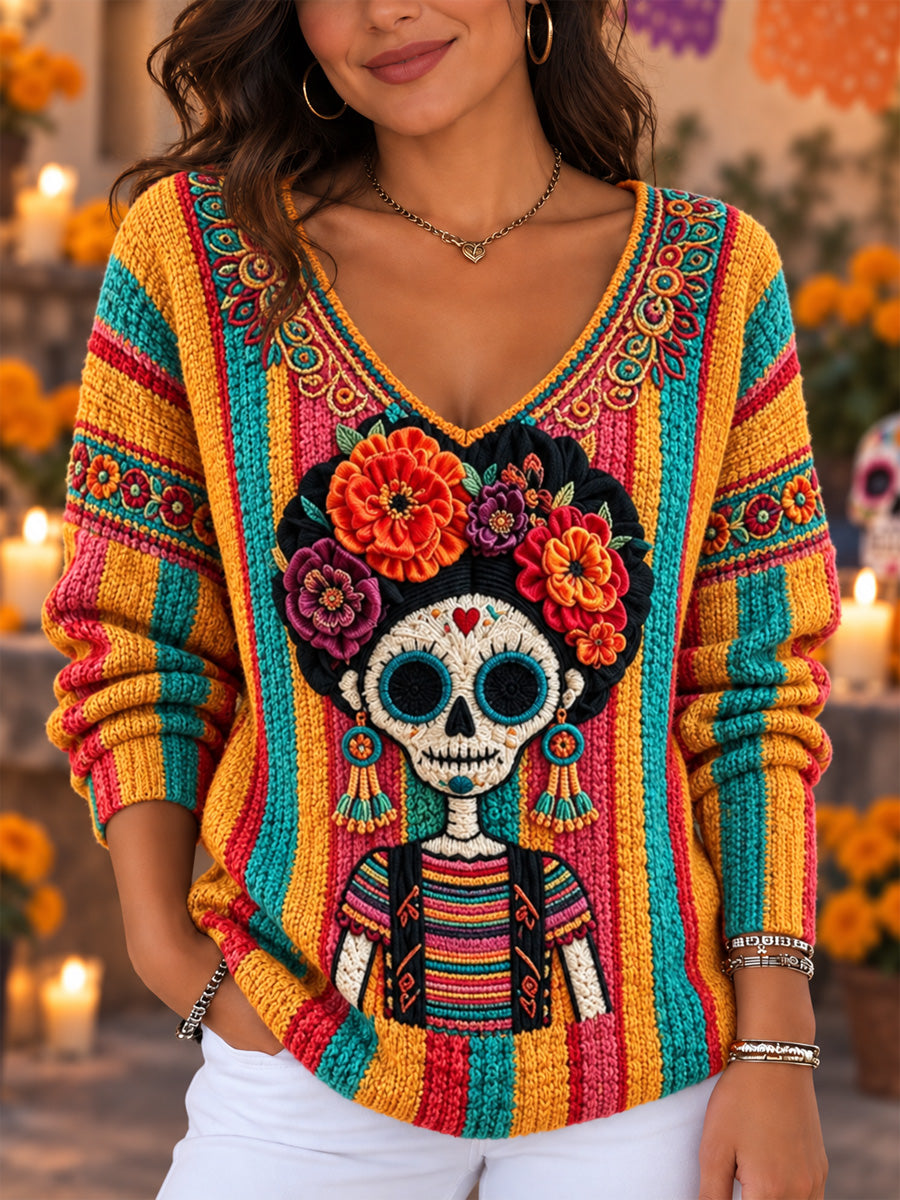 Top acanalado con cuello en V y estampado artístico del Día de los Muertos mexicano para mujer