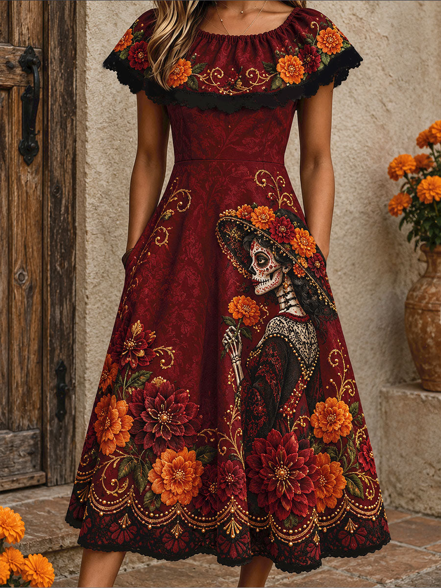 Vestido estampado con diseño floral del Día de los Muertos mexicano para mujer