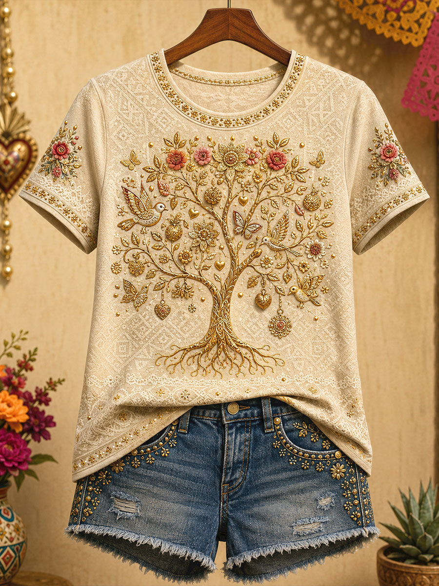 Camiseta estampada con arte floral mexicano para mujer