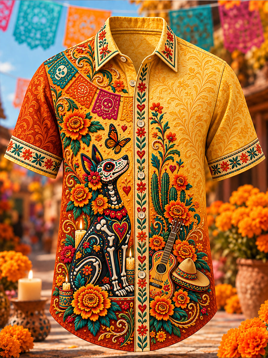 Camisa de manga corta con estampado artístico del Día de los Muertos de México para hombre