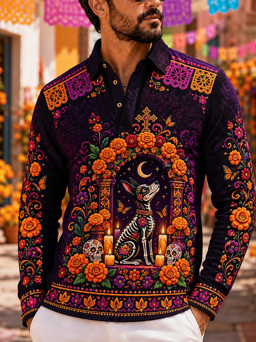 Camisa de manga larga para hombre con diseño del Día de los Muertos de México