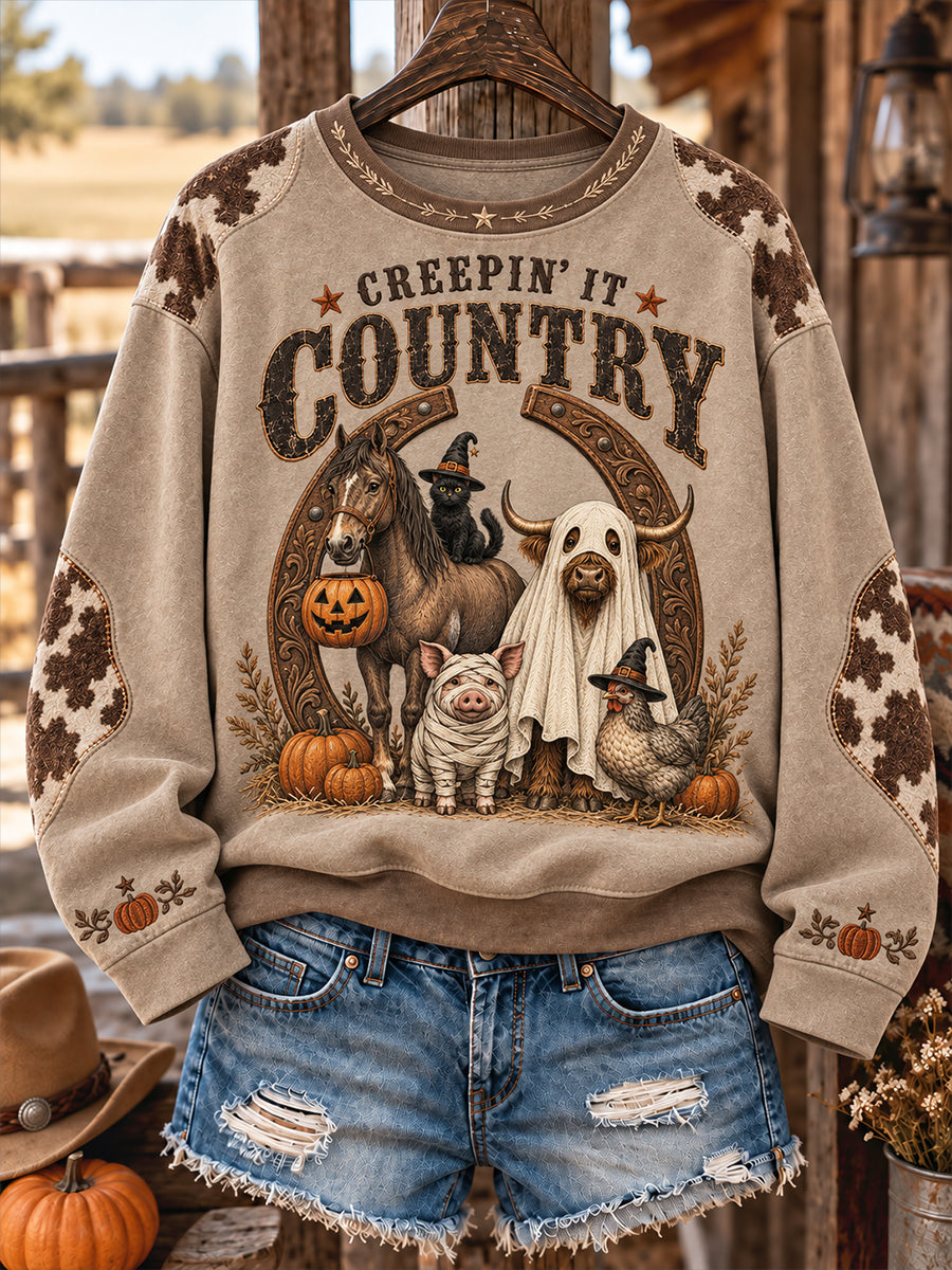 Sudadera estampada para mujer con diseño western de Halloween, caballos y vacas