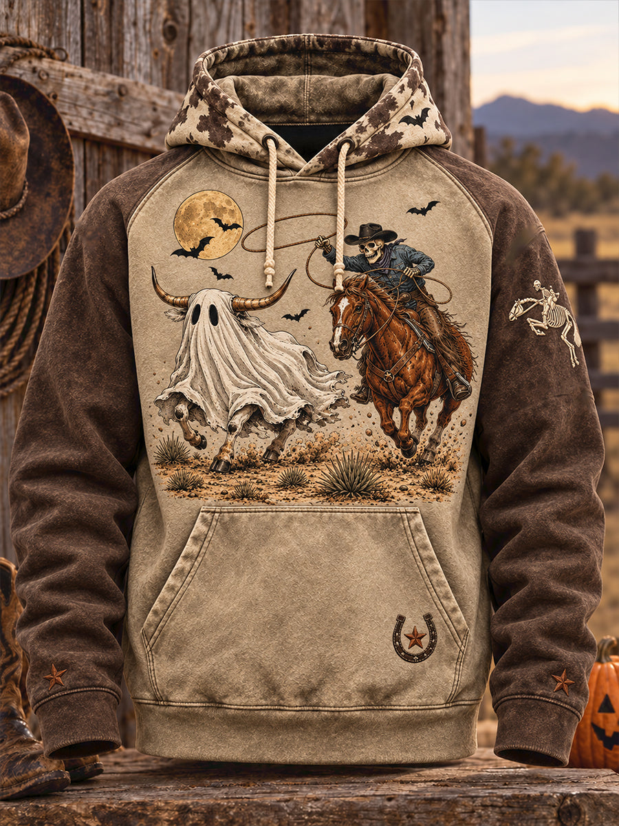 Sudadera con capucha para hombre, diseño occidental de Halloween, estampado de caballos y vacas