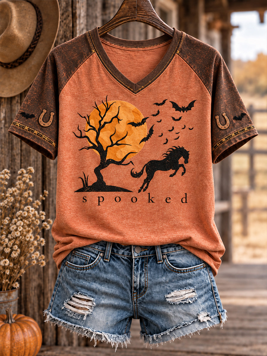 Camiseta estampada para mujer con diseño de caballos y vacas al estilo del Oeste, ideal para Halloween