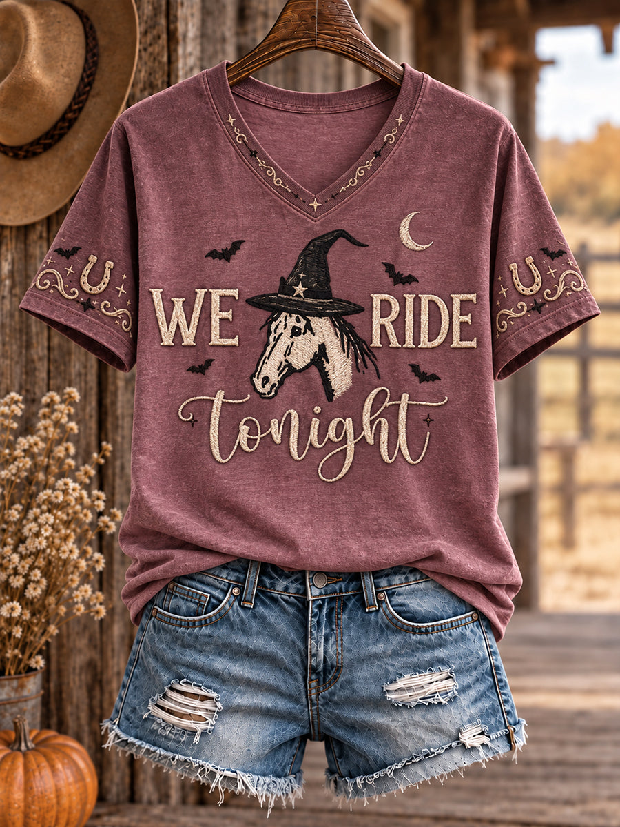 Camiseta estampada para mujer con diseño de caballos y vacas al estilo del Oeste, ideal para Halloween