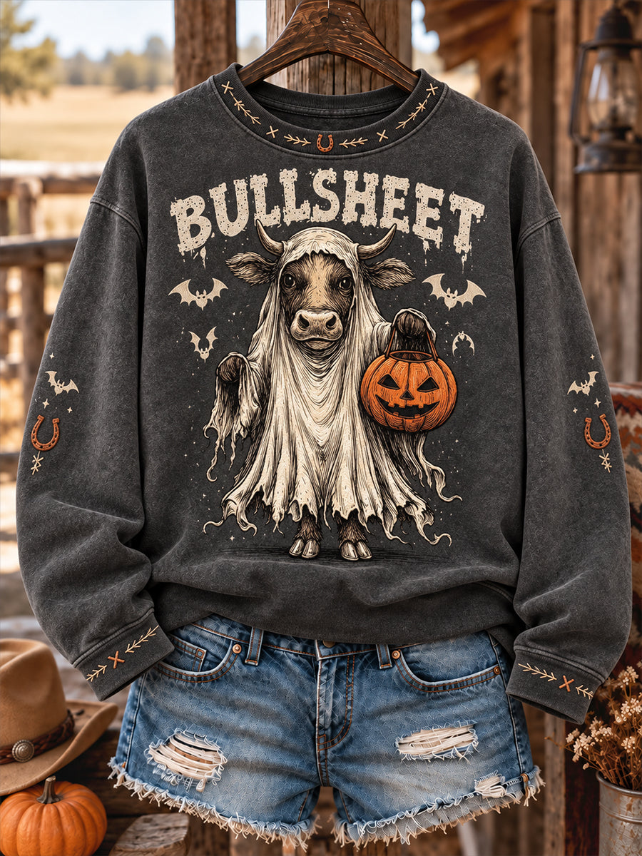 Sudadera estampada para mujer con diseño western de Halloween, caballos y vacas