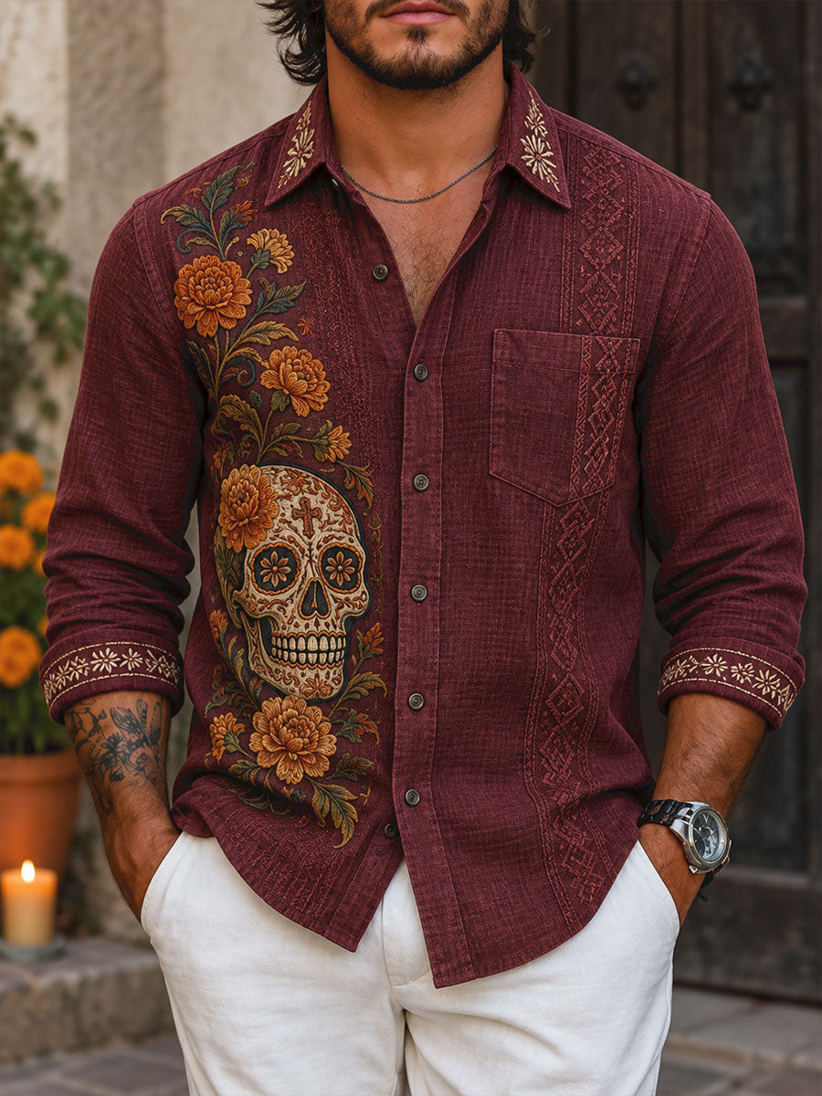 Camisa de waffle estampada con diseño floral del Día de los Muertos mexicano para hombre