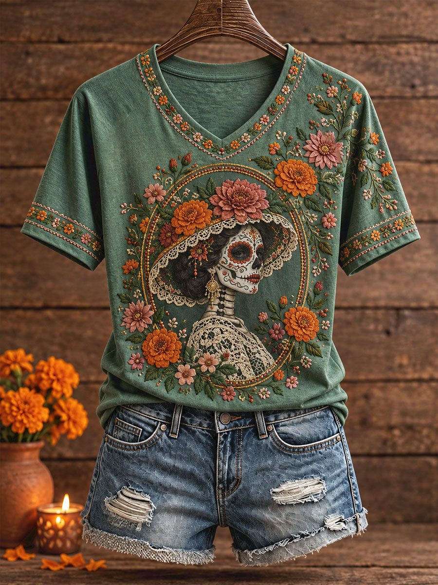 Camiseta estampada con diseño floral del Día de los Muertos mexicano para mujer