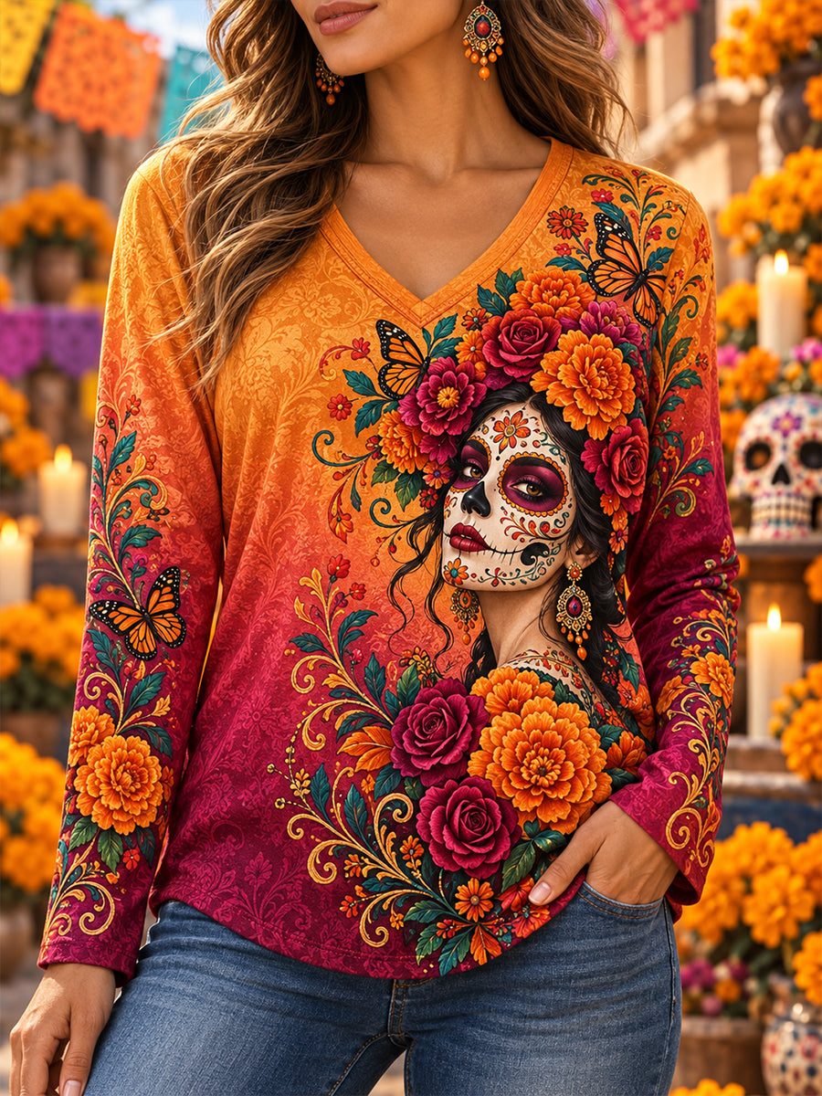 Camiseta de manga larga con cuello en V para mujer, diseño del Día de los Muertos de México