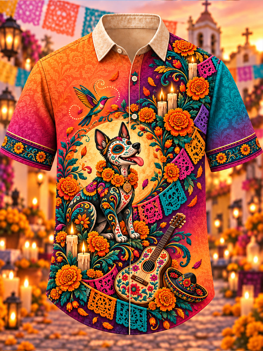 Camisa de manga corta con estampado artístico del Día de los Muertos de México para hombre